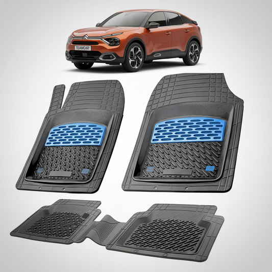 set de covorase din cauciuc negre cu accente albastre cu un citroen c4 hatchback/crossover generatia 3 portocaliu in fundal