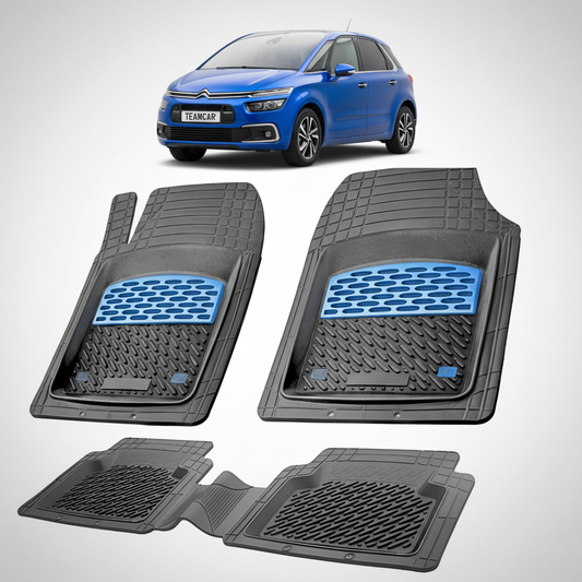 set de covorase din cauciuc negre cu accente albastre cu un citroen c4 picasso mpv facelift albastru in fundal
