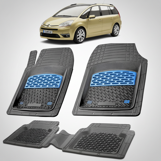 set de covorase din cauciuc negre cu accente albastre cu un citroen c4 picasso mpv pre-facelift galben in fundal