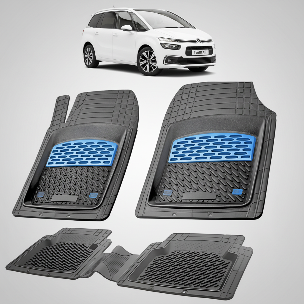 set de covorase din cauciuc negre cu accente albastre cu un citroen c4 spacetourer mpv gen2 alb in fundal
