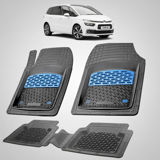 set de covorase din cauciuc negre cu accente albastre cu un citroen c4 spacetourer mpv gen2 alb in fundal