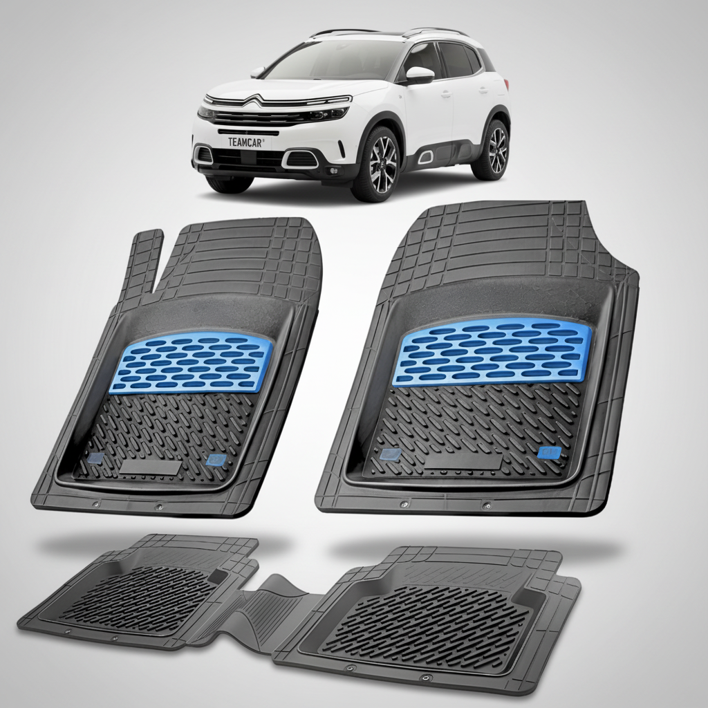 set de covorase din cauciuc negre cu accente albastre cu un citroen c5 aircross suv gen 1 alb in fundal