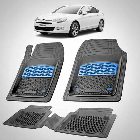 set de covorase din cauciuc negre cu accente albastre cu un citroen c5 generatia ii alb in fundal