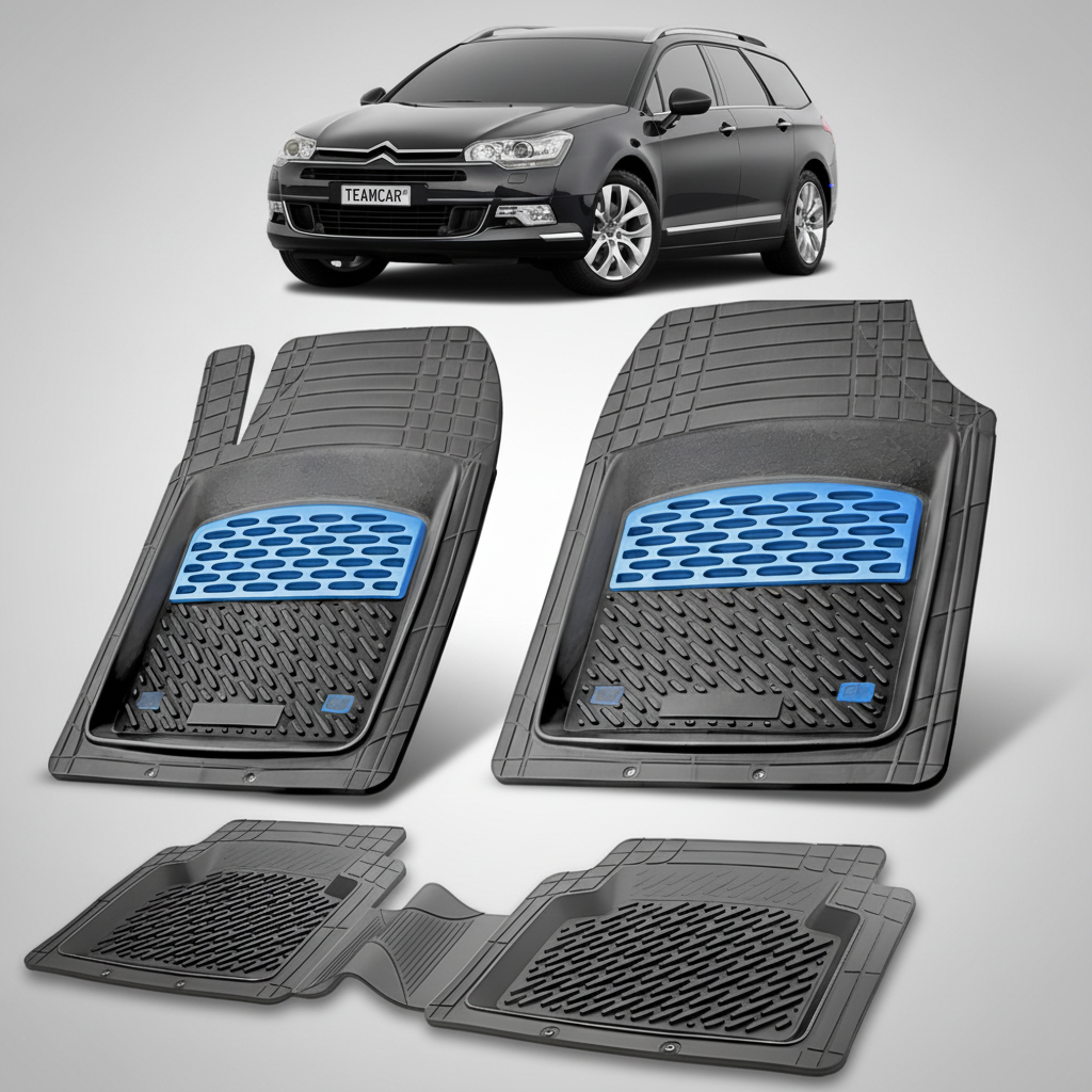 set de covorase din cauciuc negre cu accente albastre cu un citroen c5 tourer gen2 negru in fundal
