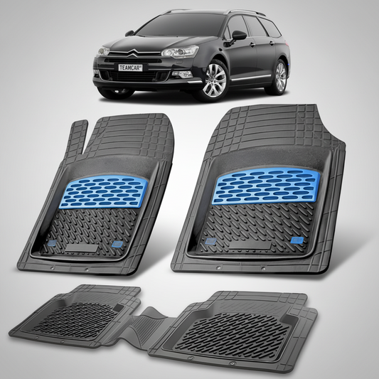 set de covorase din cauciuc negre cu accente albastre cu un citroen c5 tourer gen2 negru in fundal