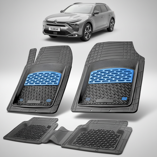 set de covorase din cauciuc negre cu accente albastre cu un citroen c5 X gri in fundal