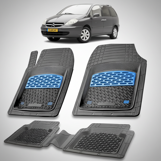 set de covorase din cauciuc negre cu accente albastre cu un citroen c8 generatia i gri in fundal