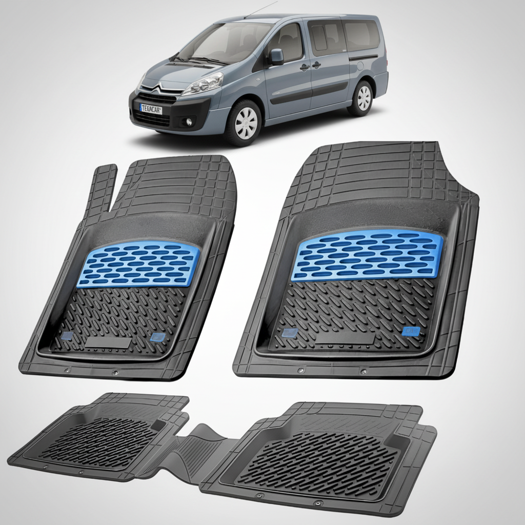 set de covorase din cauciuc negre cu accente albastre cu un citroen jumpy gri inchis in fundal