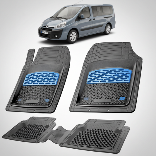 set de covorase din cauciuc negre cu accente albastre cu un citroen jumpy gri inchis in fundal