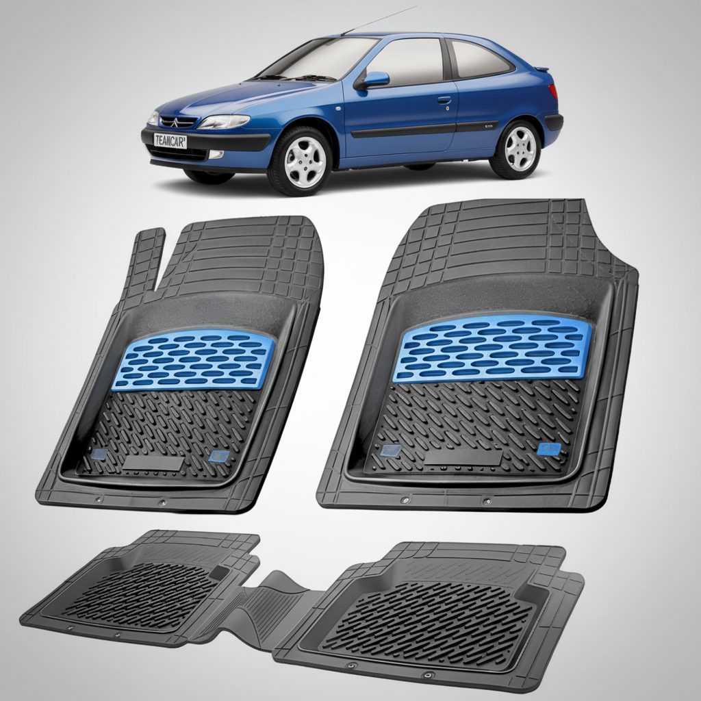 set de covorase din cauciuc negre cu accente albastre cu un citroen xsara generatia i albastru in fundal