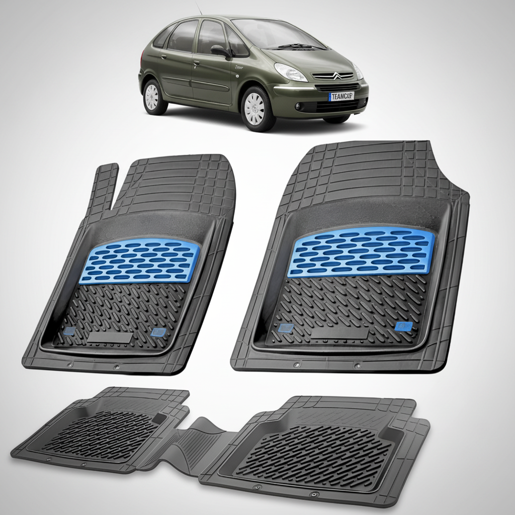set de covorase din cauciuc negre cu accente albastre cu un citroen xsara picasso generatia i verde inchis in fundal