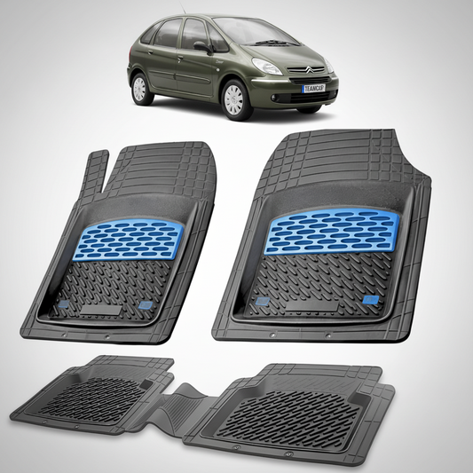 set de covorase din cauciuc negre cu accente albastre cu un citroen xsara picasso generatia i verde inchis in fundal