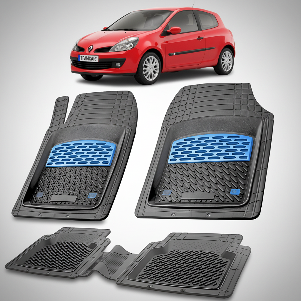 Set of car floor mats with a red car in the background