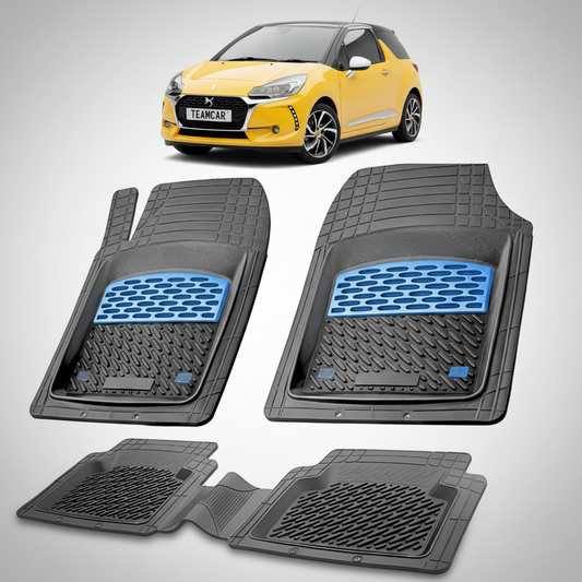 set de covorase din cauciuc negre cu accente albastre cu un citroen ds3 hatchback 3 usi facelift galben in fundal
