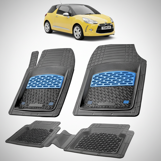 set de covorase din cauciuc negre cu accente albastre cu un citroen ds3 hatchback 3 usi pre-facelift galben in fundal