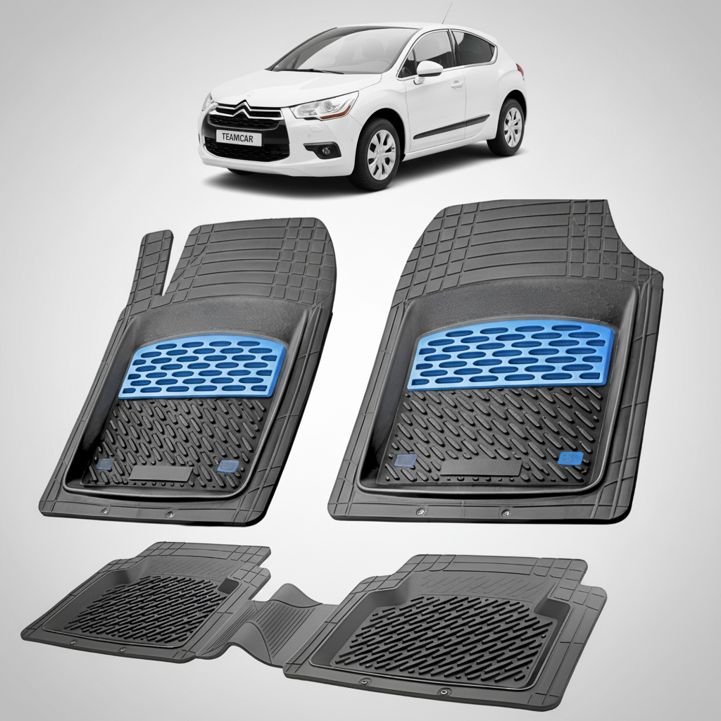 set de covorase din cauciuc negre cu accente albastre cu un citroen ds4 hatchback gen 1 alb in fundal
