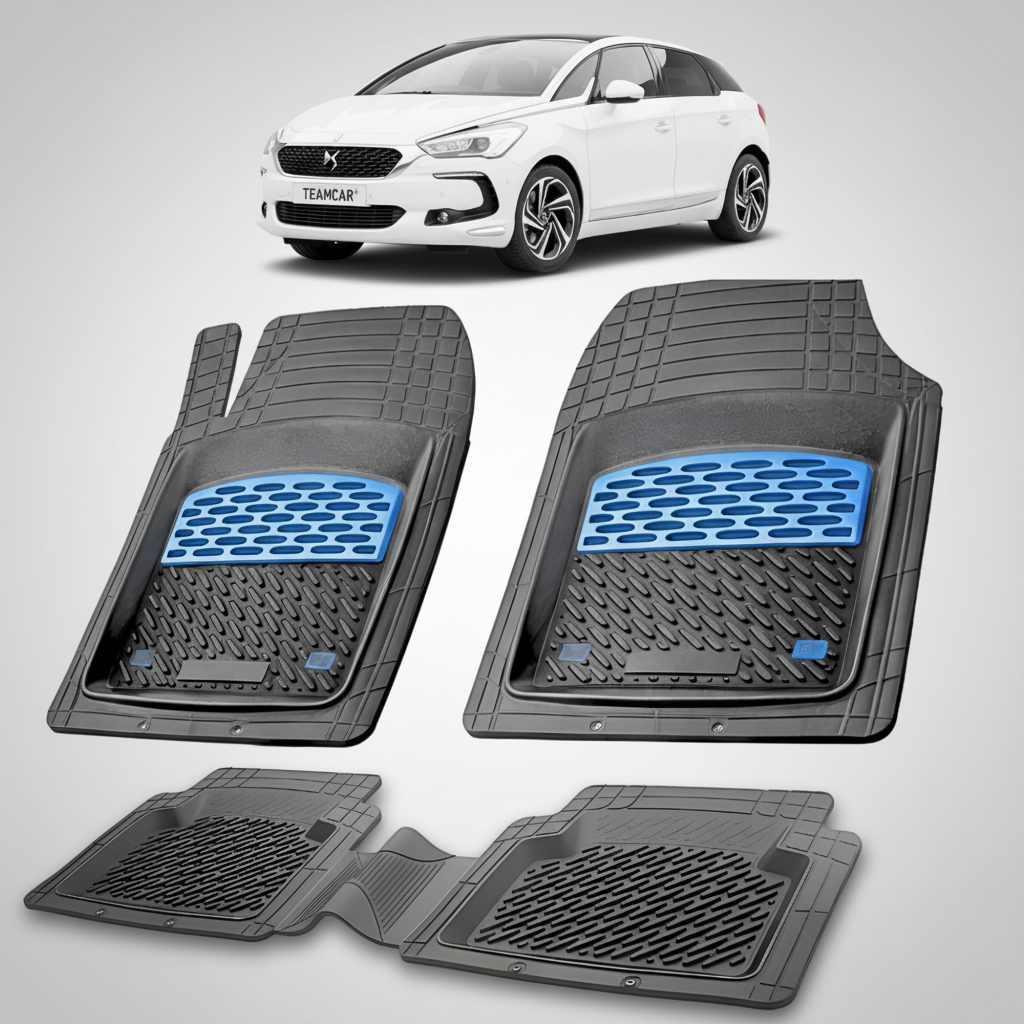 set de covorase din cauciuc negre cu accente albastre cu un citroen ds5 hatchback facelift alb in fundal