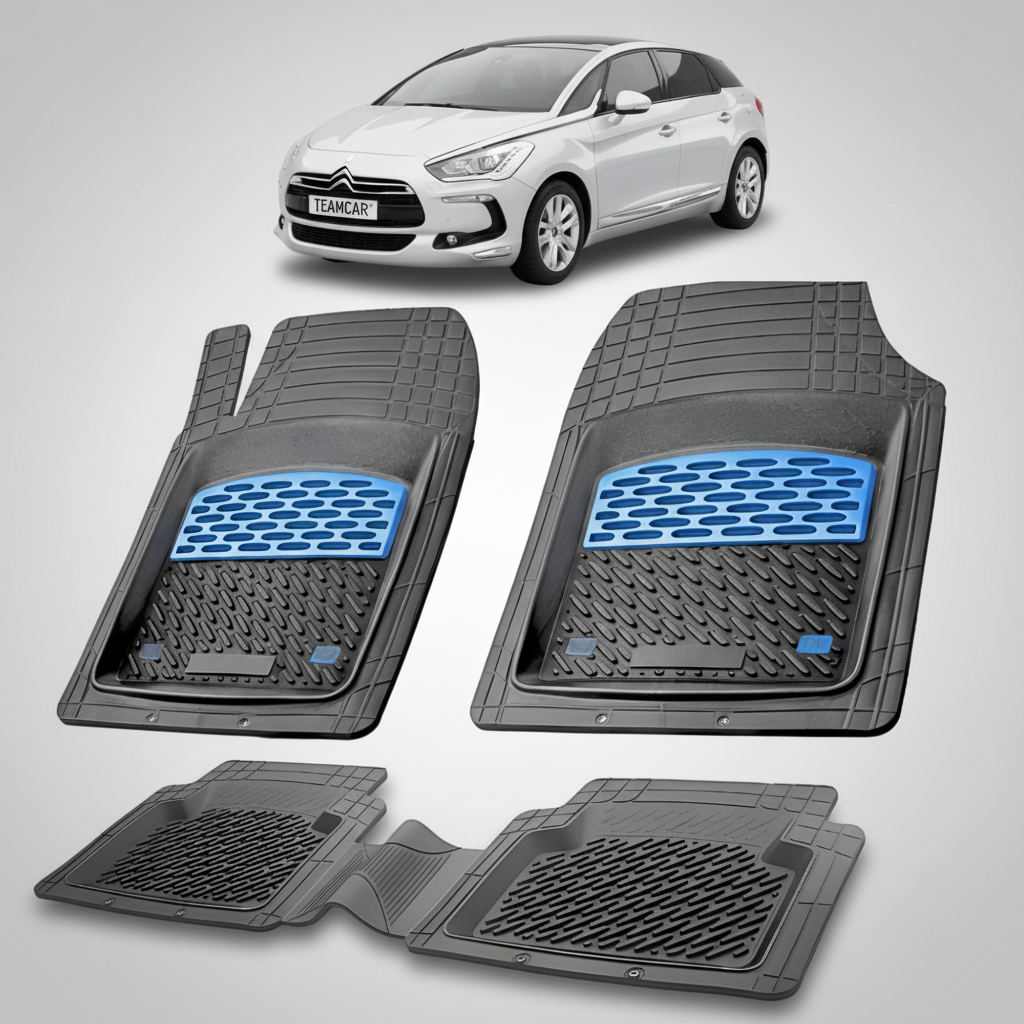 set de covorase din cauciuc negre cu accente albastre cu un citroen ds5 hatchback gen1 gri inchis in fundal