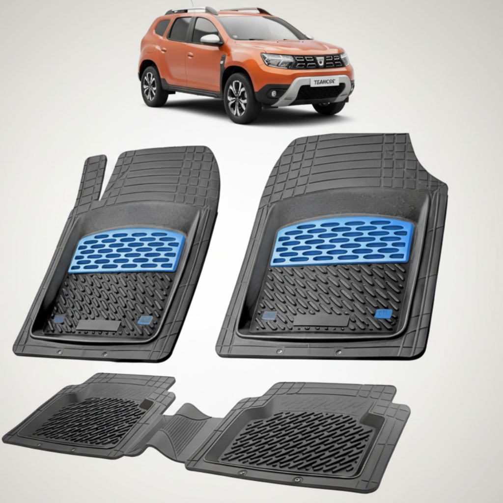 set de covorase din cauciuc negre cu accente albastre cu o dacia duster ii facelift portocalie in fundal