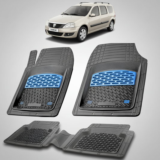 set de covorase din cauciuc negre cu accente albastre cu o dacia logan mcv i bej deschis in fundal