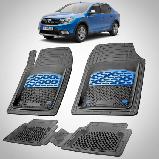 set de covorase din cauciuc negre cu accente albastre cu o dacia logan stepway albastra in fundal