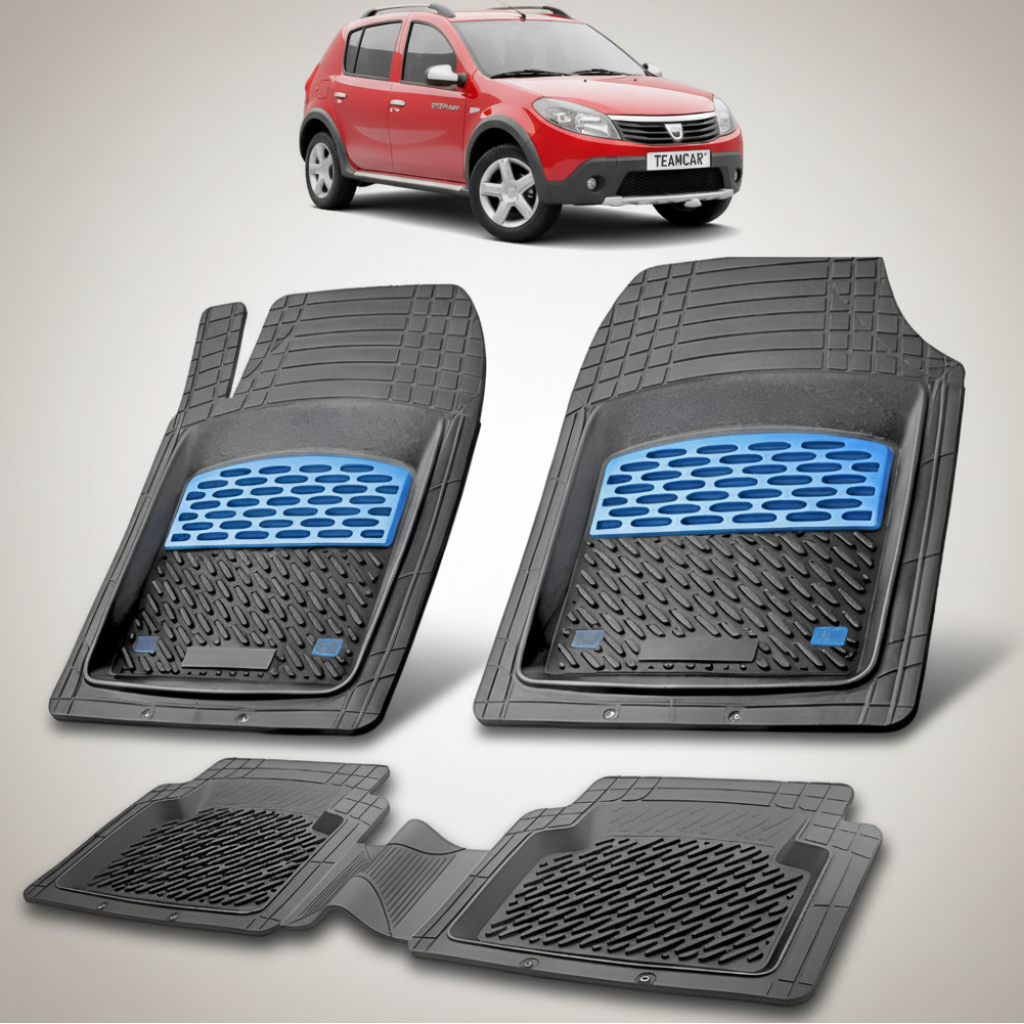 set de covorase din cauciuc negre cu accente albastre cu o dacia sandero stepway rosie in fundal