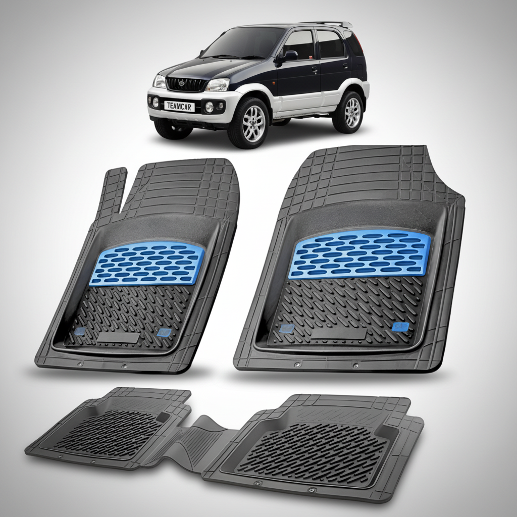 Set of black car floor mats with blue accents on a white background, featuring a car at the top.