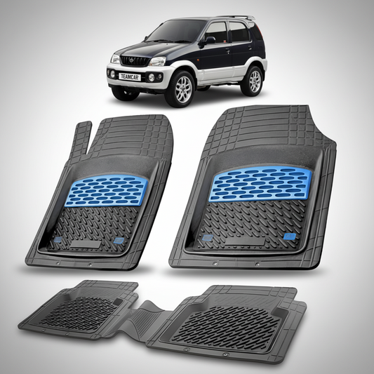 Set of black car floor mats with blue accents on a white background, featuring a car at the top.
