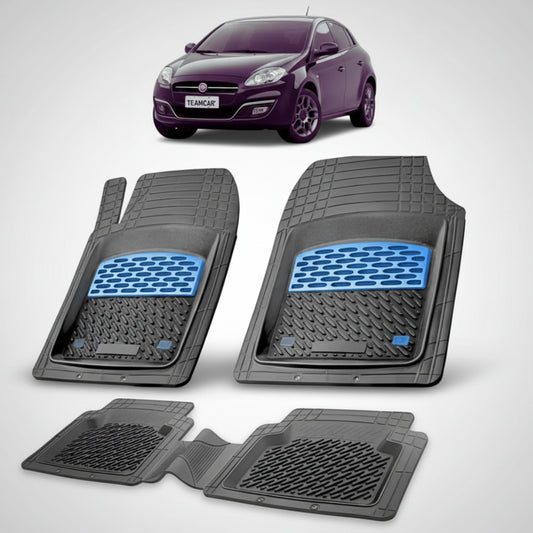 set de covorase din cauciuc negre cu accente albastre cu un fiat bravo facelift hatchback negru in fundal