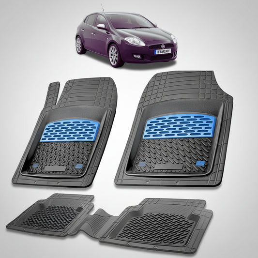 set de covorase din cauciuc negre cu accente albastre cu un fiat bravo hatchback negru in fundal
