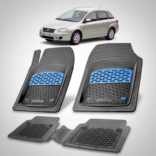 set de covorase din cauciuc negre cu accente albastre cu un fiat croma station wagon gri in fundal