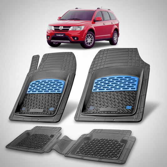 set de covorase din cauciuc negre cu accente albastre cu un fiat freemont suv rosu in fundal