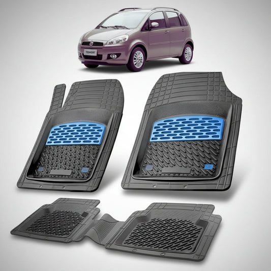 set de covorase din cauciuc negre cu accente albastre cu un fiat idea facelift mini mpv maro deschis in fundal
