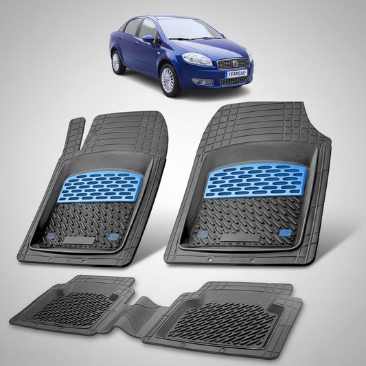 set de covorase din cauciuc negre cu accente albastre cu un fiat linea sedan albastru in fundal