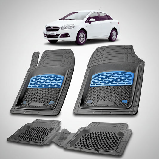 set de covorase din cauciuc negre cu accente albastre cu un fiat linea facelift sedan alb in fundal