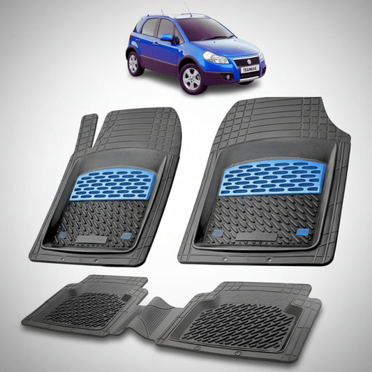 set de covorase din cauciuc negre cu accente albastre cu un fiat sedici suv albastru in fundal