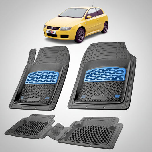 set de covorase din cauciuc negre cu accente albastre cu un fiat stilo hatchback 3 usi galben in fundal