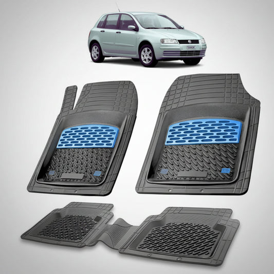 set de covorase din cauciuc negre cu accente albastre cu un fiat stilo hatchback 5 usi gri in fundal