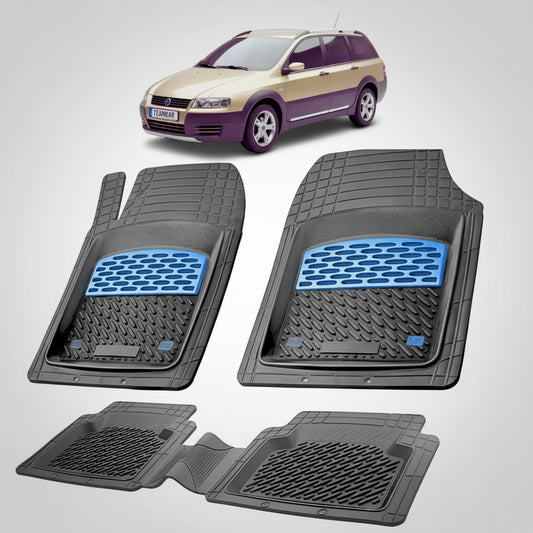 set de covorase din cauciuc negre cu accente albastre cu un fiat stilo station wagon facelift maro deschis in fundal