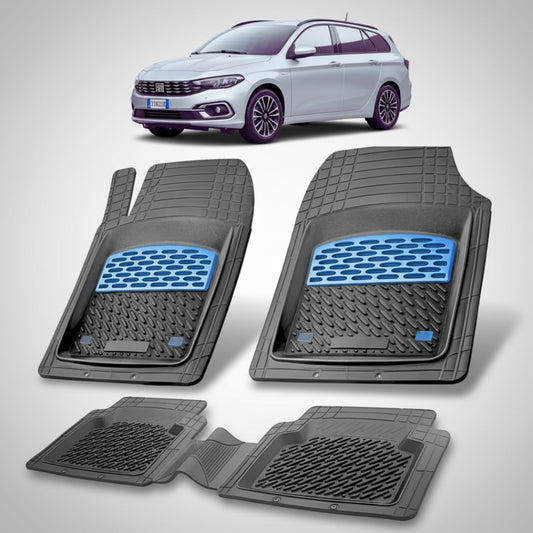 set de covorase din cauciuc negre cu accente albastre cu un fiat tipo facelift station wagon gri in fundal