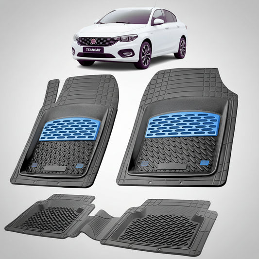 set de covorase din cauciuc negre cu accente albastre cu un fiat tipo sedan alb in fundal