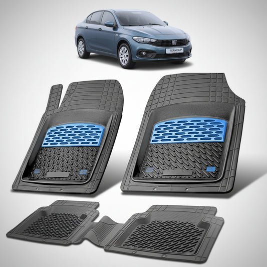 set de covorase din cauciuc negre cu accente albastre cu un fiat tipo sedan facelift bleu in fundal