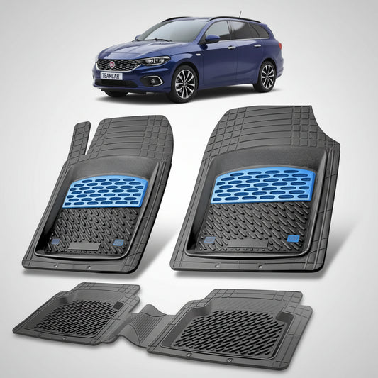 set de covorase din cauciuc negre cu accente albastre cu un fiat tipo station wagon gri in fundal