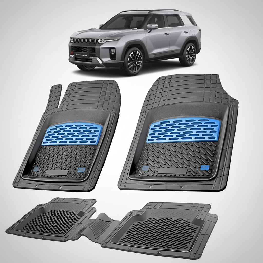 Set de covorașe auto cu logo albastru pe fundal alb, cu un SUV argintiu KGM Torres.