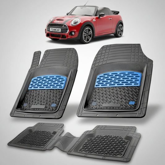 set de covorase din cauciuc negre cu accente albastre cu un mini convertible f57 rosie in fundal