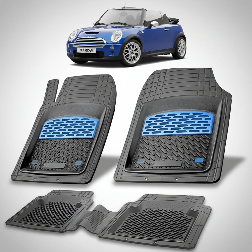 set de covorase din cauciuc negre cu accente albastre cu un mini convertible r52 albastra in fundal