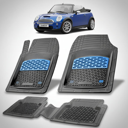 set de covorase din cauciuc negre cu accente albastre cu un mini convertible r52 albastra in fundal