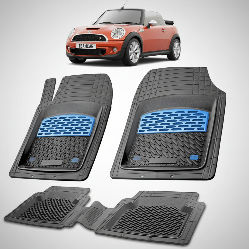 set de covorase din cauciuc negre cu accente albastre cu un mini convertible r57 portocalie in fundal