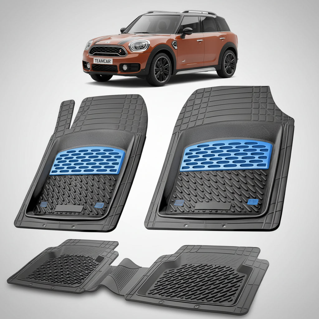 set de covorase din cauciuc negre cu accente albastre cu un mini countryman f60 maro inchis in fundal