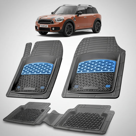 set de covorase din cauciuc negre cu accente albastre cu un mini countryman f60 maro inchis in fundal